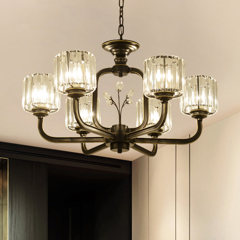6/8-Bulb Living Room Chandelier Simple Black/Gold Suspension Lighting with Cylindrical Crystal Prisms Shade Clearhalo 'Ceiling Lights' 'Chandeliers' 'Modern Chandeliers' 'Modern' Lighting' 1688709