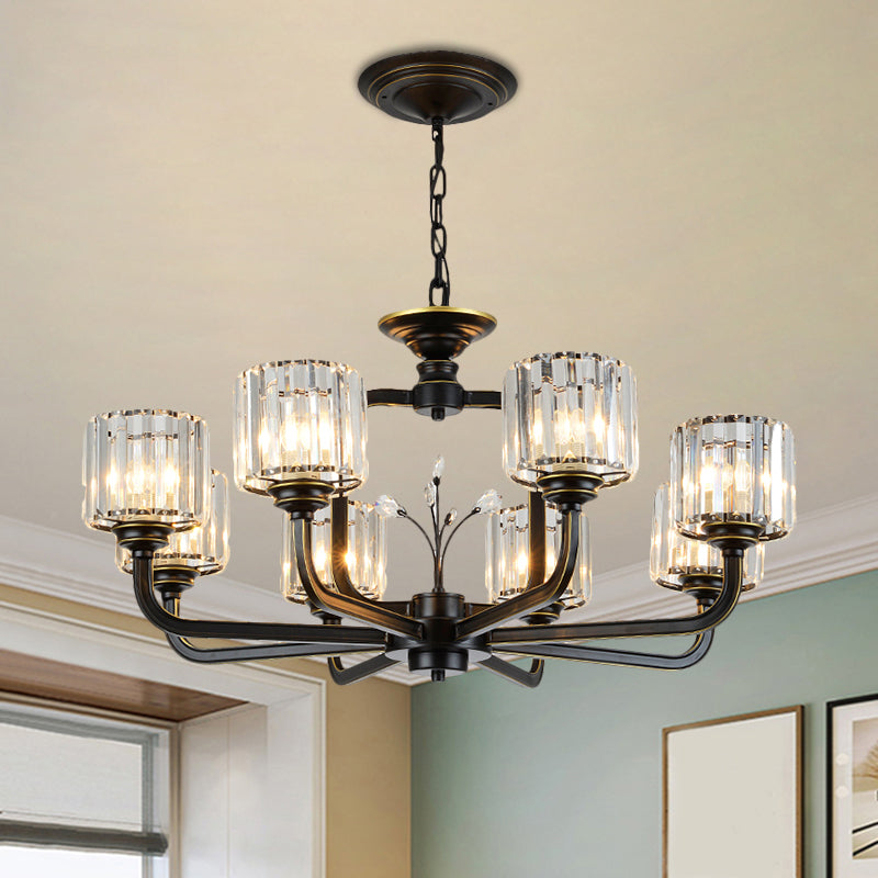 6/8-Bulb Living Room Chandelier Simple Black/Gold Suspension Lighting with Cylindrical Crystal Prisms Shade Clearhalo 'Ceiling Lights' 'Chandeliers' 'Modern Chandeliers' 'Modern' Lighting' 1688717