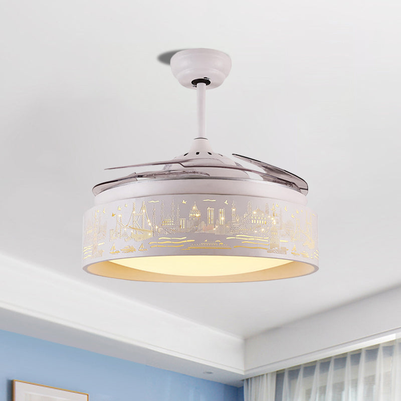 Round Hanging Fan Light Kids Metal LED White Semi Flush Mount with 3 Clear Blades, 19.5" Wide Clearhalo 'Ceiling Fans with Lights' 'Ceiling Fans' 'Kids Ceiling Fans' 'Kids' Lighting' 1688721