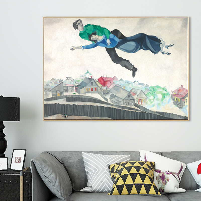 Lovers in the Sky Painting for Bedroom Marc Chagall Wall Art Decor in Blue, Textured Clearhalo 'Art Gallery' 'Canvas Art' 'Kids' Arts' 1690060
