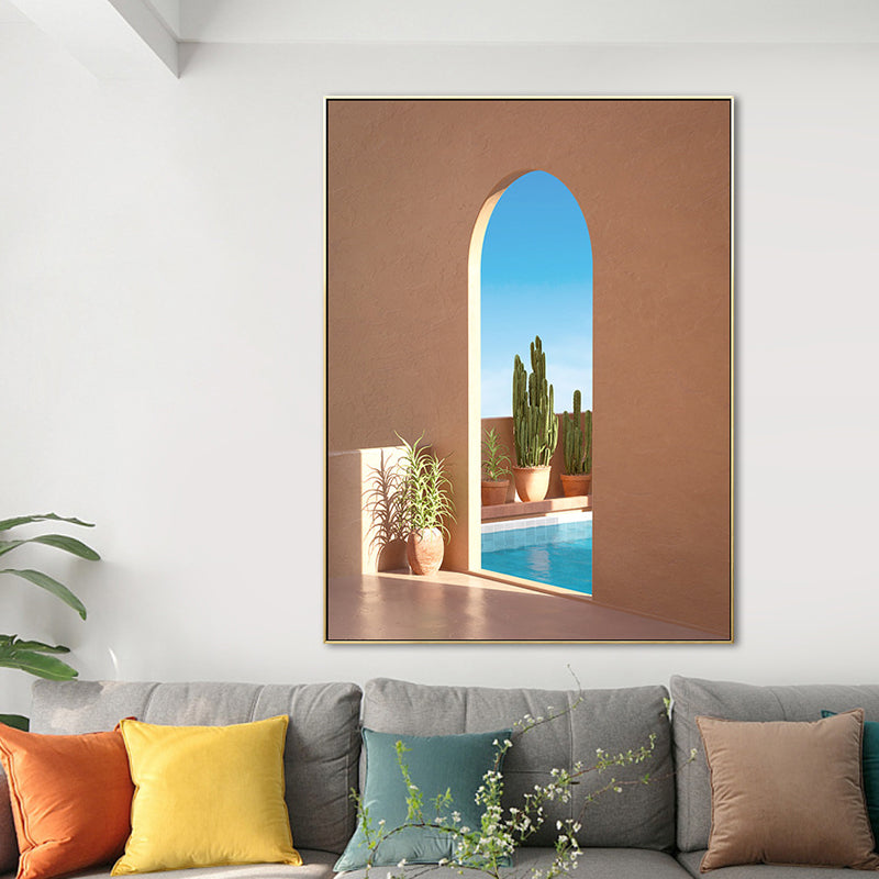 Illustration Building and Lake Canvas Art Nordic Textured Living Room Wall Decor