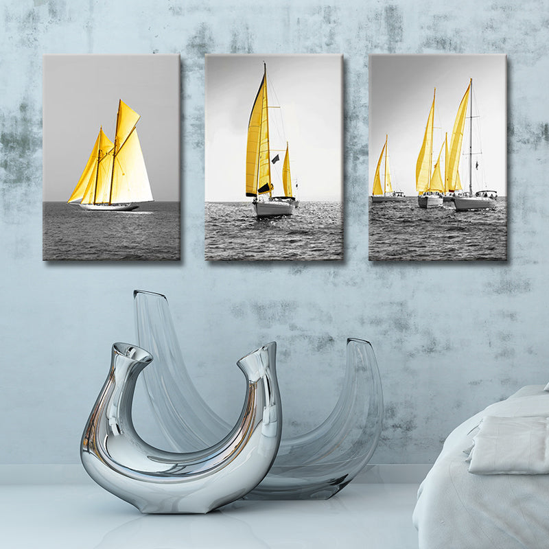 Tropix Ocean Sailing Ships Canvas Gold and Grey Textured Wall Art Decor for Home Clearhalo 'Art Gallery' 'Canvas Art' 'Coastal Art Gallery' 'Nautical' Arts' 1691011