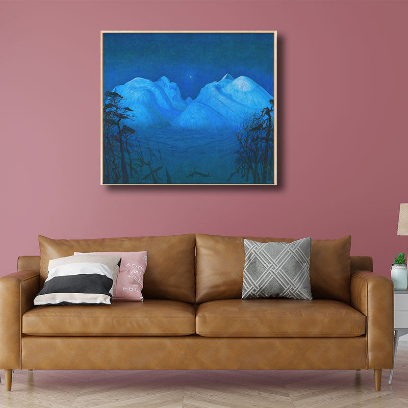 Blue Night Mountain Landscape Art Print Textured Rustic Corridor Wall Decoration Blue Clearhalo 'Art Gallery' 'Canvas Art' 'Country Art Gallery' 'French Country' 'Rustic' Arts' 1691434