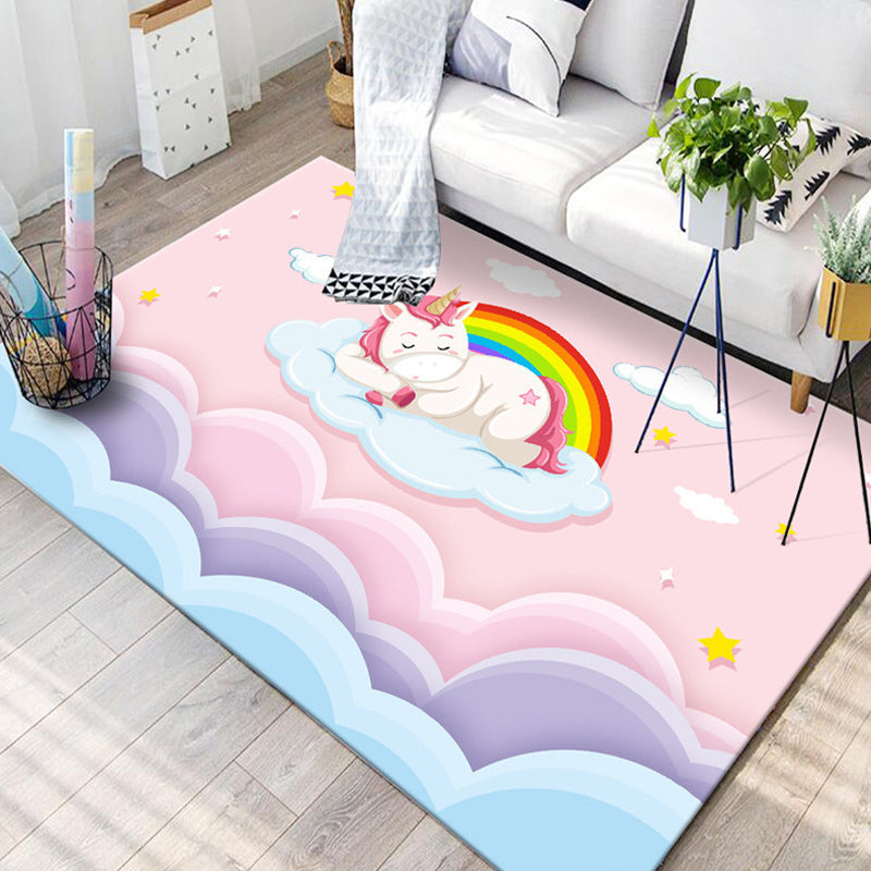 Kids Child's Room Rug in Blue and Pink Animal Cat Rabbit Dolphin Print Rug Polyester Pet Friendly Area Rug Pink Clearhalo 'Area Rug' 'Rug' 1692586