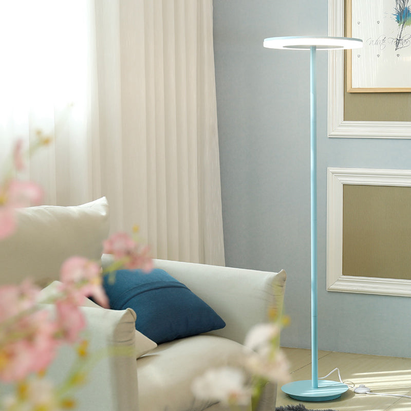 Acrylic Disc Shaped Stand Up Lamp Macaron Style LED Floor Lighting with Slender Tubular Stem in Pink/Yellow, Warm/White Light Blue Clearhalo 'Floor Lamps' 'Lamps' Lighting' 169314