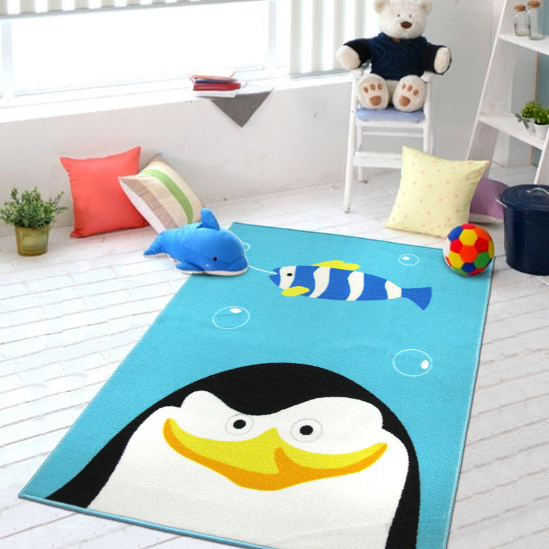 Cute Kids Rug in Green and Blue Animal Lion Panda Penguin Pattern Rug Polyester Anti-Slip Carpet for Children's Room Dark Blue 3'3" x 4'3" Clearhalo 'Area Rug' 'Rug' 1693998