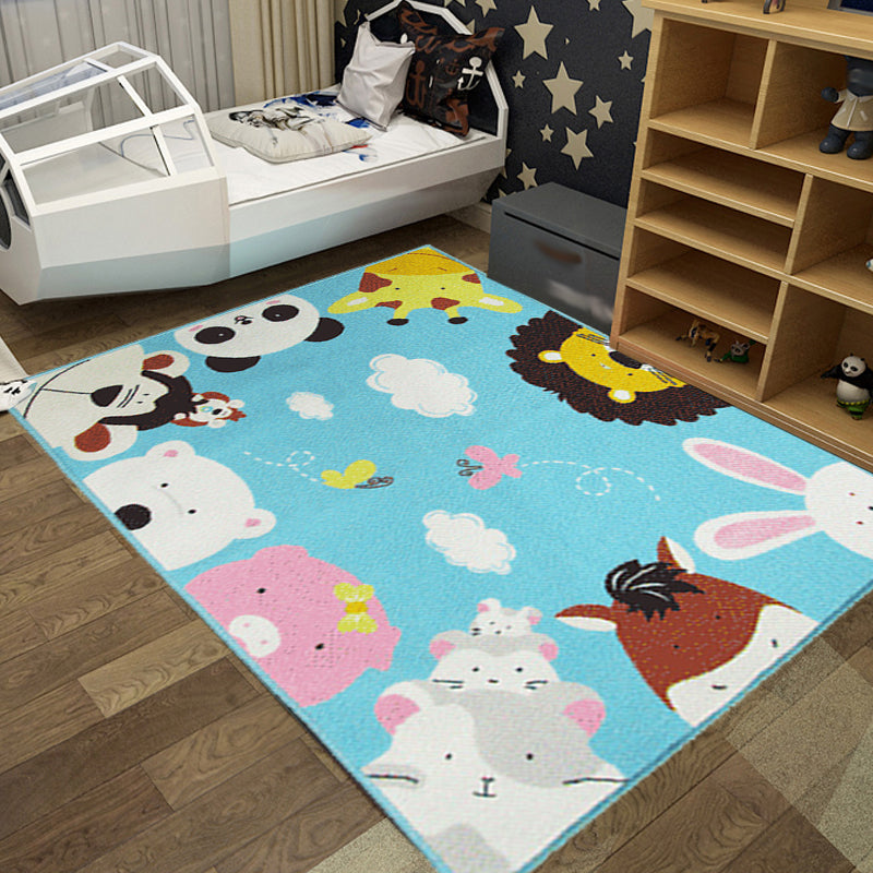 Cute Kids Rug in Green and Blue Animal Lion Panda Penguin Pattern Rug Polyester Anti-Slip Carpet for Children's Room Blue 3'3" x 4'3" Clearhalo 'Area Rug' 'Rug' 1693999