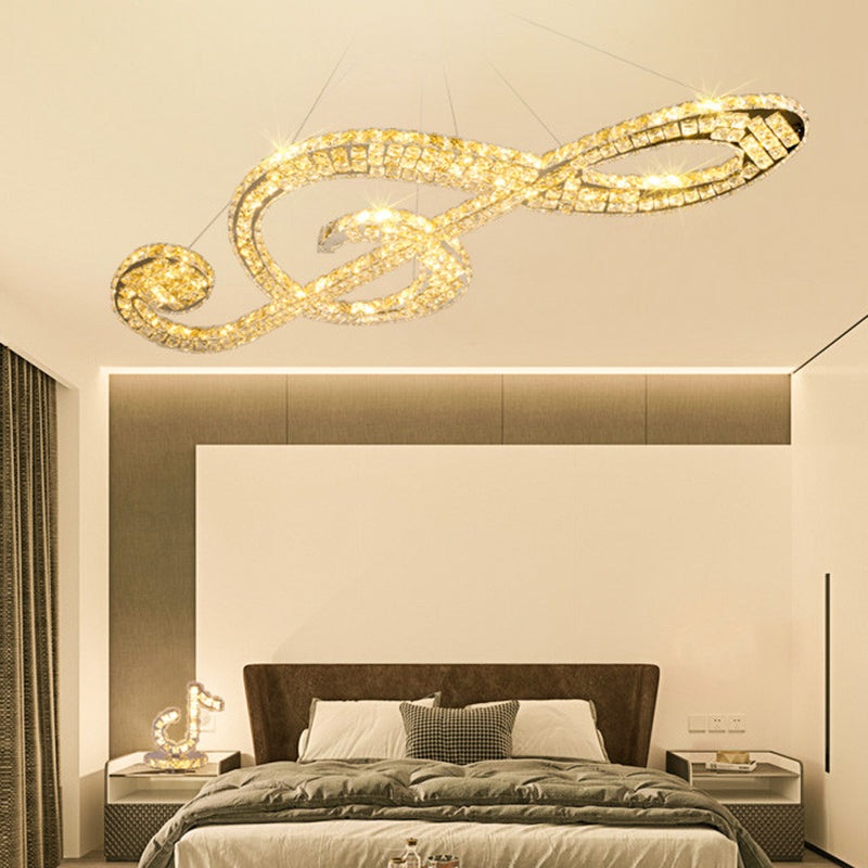 Faceted Crystal Music Note Hanging Light Contemporary Stainless-Steel LED Pendant Chandelier for Bedroom Stainless-Steel Clearhalo 'Ceiling Lights' 'Chandeliers' 'Modern Chandeliers' 'Modern' Lighting' 1694132