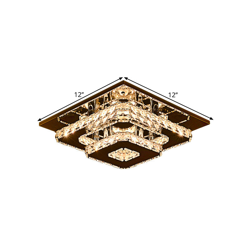 2-Tier Square Crystal Ceiling Fixture Contemporary 12"/26.5" Wide Stainless-Steel LED Flush Mount Lighting Clearhalo 'Ceiling Lights' 'Close To Ceiling Lights' 'Close to ceiling' 'Flush mount' Lighting' 1694328