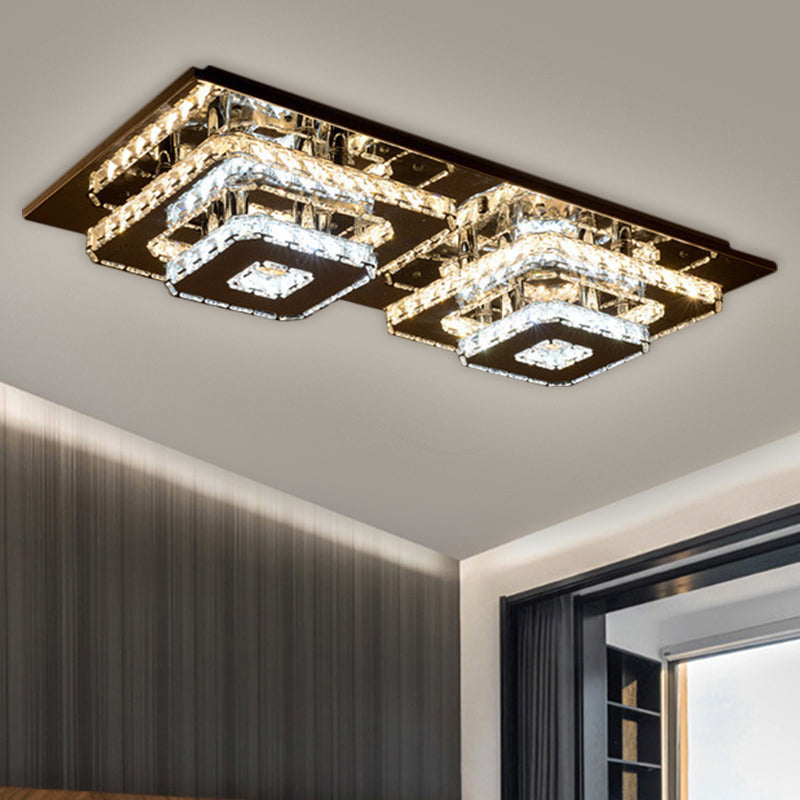 2-Tier Square Crystal Ceiling Fixture Contemporary 12"/26.5" Wide Stainless-Steel LED Flush Mount Lighting Clearhalo 'Ceiling Lights' 'Close To Ceiling Lights' 'Close to ceiling' 'Flush mount' Lighting' 1694330