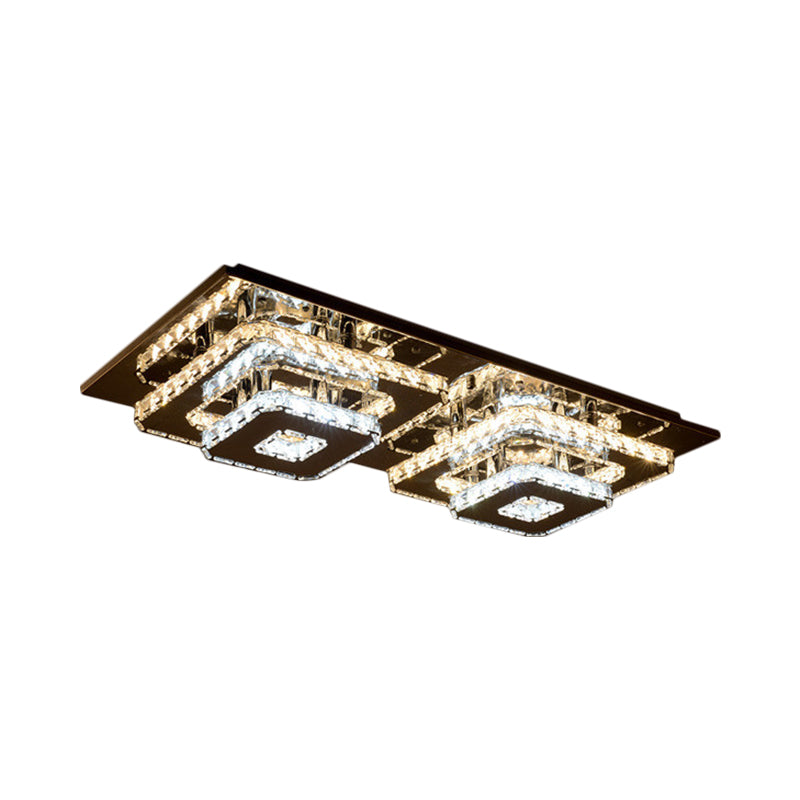 2-Tier Square Crystal Ceiling Fixture Contemporary 12"/26.5" Wide Stainless-Steel LED Flush Mount Lighting Clearhalo 'Ceiling Lights' 'Close To Ceiling Lights' 'Close to ceiling' 'Flush mount' Lighting' 1694332