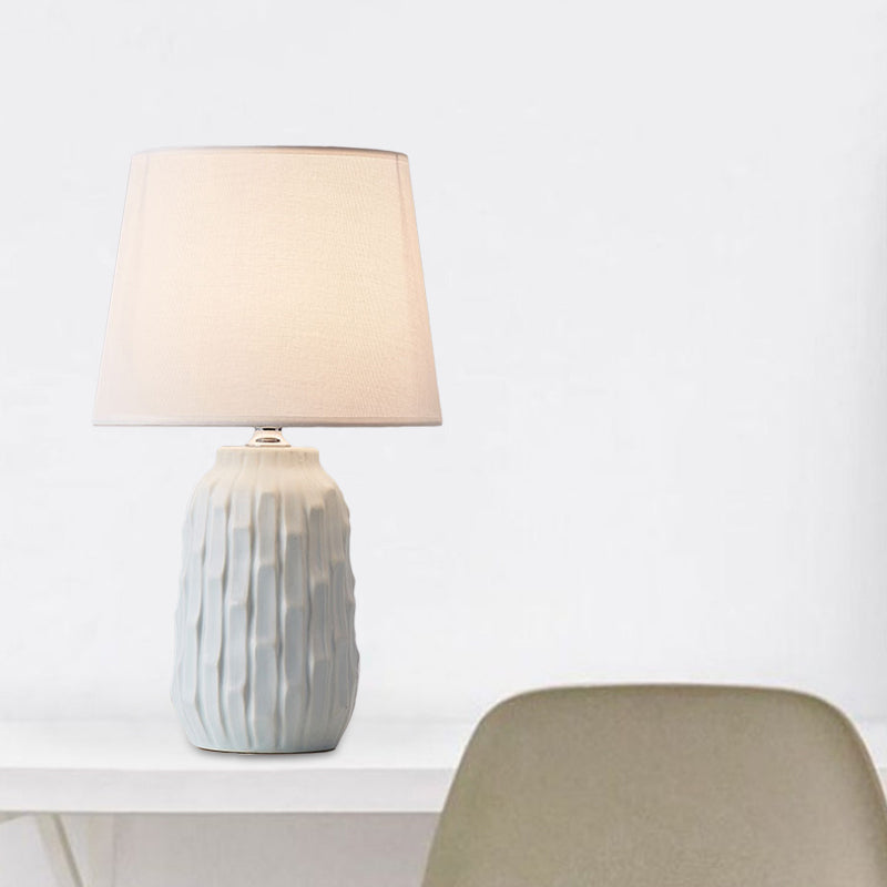 Modernist Conical Table Light Fabric 1 Head Bedroom Desk Lamp with Cylinder Ceramic Base in White/Pink/Blue Clearhalo 'Lamps' 'Table Lamps' Lighting' 1694462