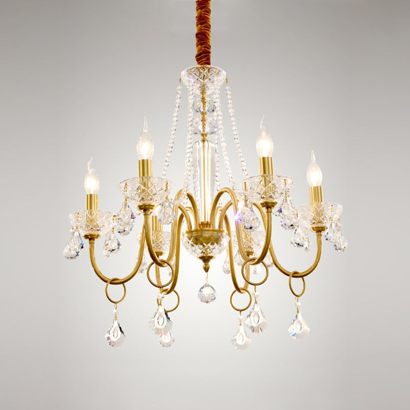 Gold Swirled Arm Pendant Chandelier Simple 6-Bulb Metal Hanging Light Fixture with Crystal Droplet Clearhalo 'Ceiling Lights' 'Chandeliers' 'Modern Chandeliers' 'Modern' Lighting' 1694480