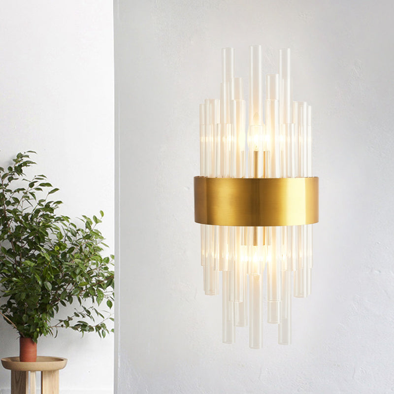 Gold Finish Half Shade Wall Mount Light Modern 2 Heads Crystal Tube Wall Lighting Ideas for Corridor Clearhalo 'Modern wall lights' 'Modern' 'Wall Lamps & Sconces' 'Wall Lights' Lighting' 1694632