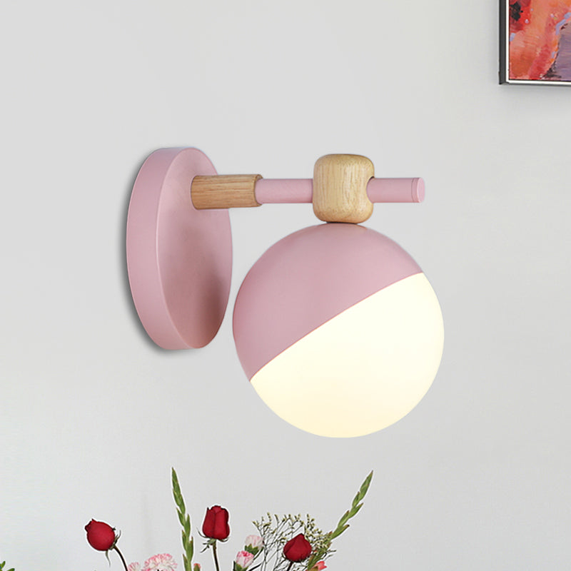 White Glass Globe Wall Mount Nordic 1 Light Wall Light Fixture with Adjustable Shade in Grey/Pink/Yellow Pink Clearhalo 'Wall Lamps & Sconces' 'Wall Lights' Lighting' 1694847