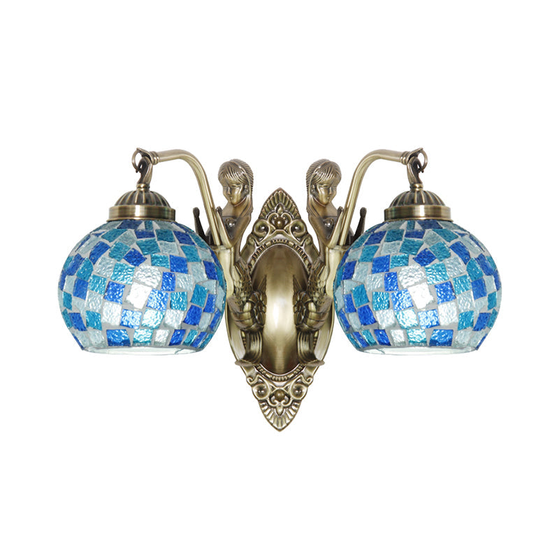 Cut Glass Global Wall Light Fixture Tiffany 1/2-Bulb Blue Wall Mount Lamp with Mermaid Design Clearhalo 'Art deco wall lights' 'Cast Iron' 'Glass' 'Industrial' 'Middle century wall lights' 'Modern' 'Tiffany wall lights' 'Tiffany' 'Traditional wall lights' 'Wall Lamps & Sconces' 'Wall Lights' Lighting' 1694906