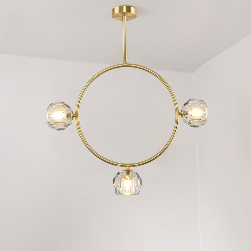Minimal Loop Semi Flush Light Metal 3/6 Heads Corridor LED Ceiling Lighting in Gold with Ball Faceted Crystal Shade Clearhalo 'Ceiling Lights' 'Close To Ceiling Lights' 'Close to ceiling' 'Semi-flushmount' Lighting' 1694910