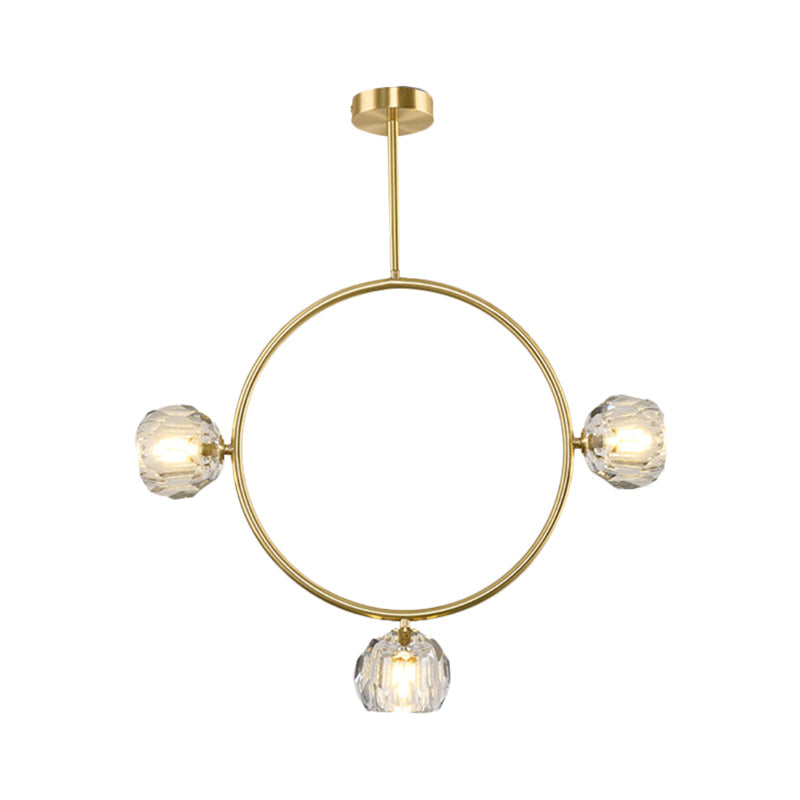 Minimal Loop Semi Flush Light Metal 3/6 Heads Corridor LED Ceiling Lighting in Gold with Ball Faceted Crystal Shade Clearhalo 'Ceiling Lights' 'Close To Ceiling Lights' 'Close to ceiling' 'Semi-flushmount' Lighting' 1694911