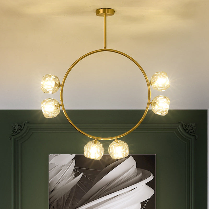 Minimal Loop Semi Flush Light Metal 3/6 Heads Corridor LED Ceiling Lighting in Gold with Ball Faceted Crystal Shade 6 Gold Clearhalo 'Ceiling Lights' 'Close To Ceiling Lights' 'Close to ceiling' 'Semi-flushmount' Lighting' 1694913