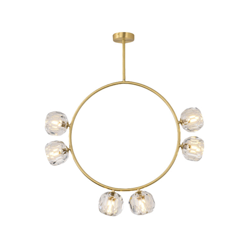 Minimal Loop Semi Flush Light Metal 3/6 Heads Corridor LED Ceiling Lighting in Gold with Ball Faceted Crystal Shade Clearhalo 'Ceiling Lights' 'Close To Ceiling Lights' 'Close to ceiling' 'Semi-flushmount' Lighting' 1694916