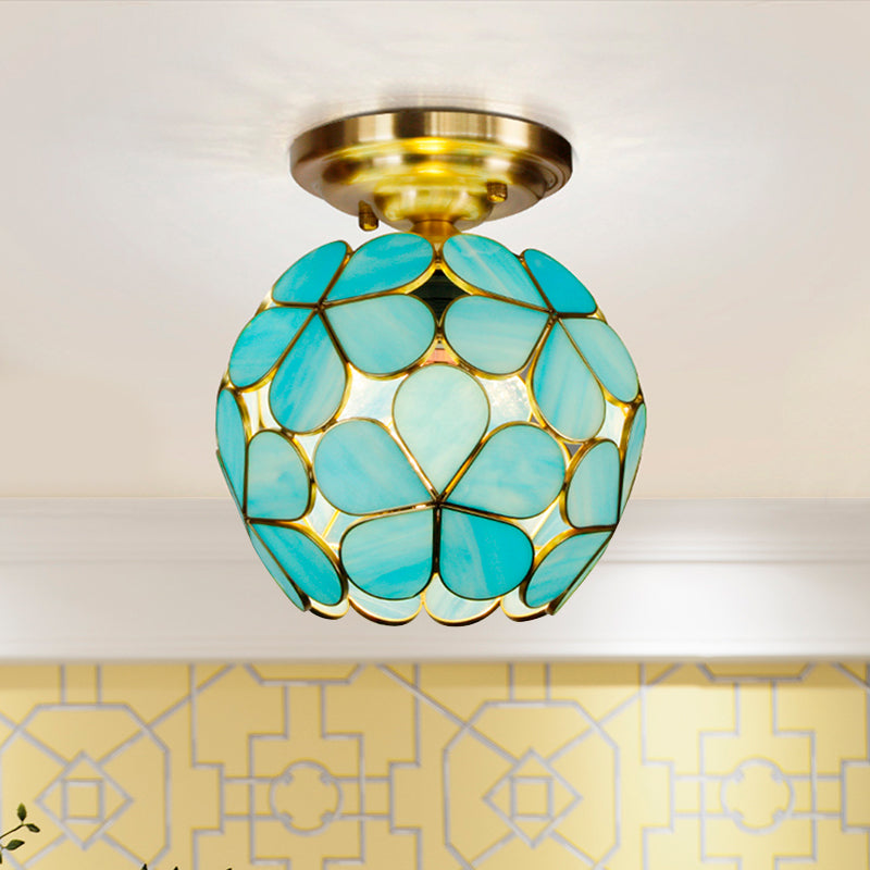 Single Light Flower Ceiling Fixture Victorian White/Pink/Orange Stained Glass Semi Mount Lighting Clearhalo 'Ceiling Lights' 'Chandeliers' 'Close To Ceiling Lights' 'Close to ceiling' 'Semi-flushmount' 'Tiffany close to ceiling' 'Tiffany' Lighting' 1694990