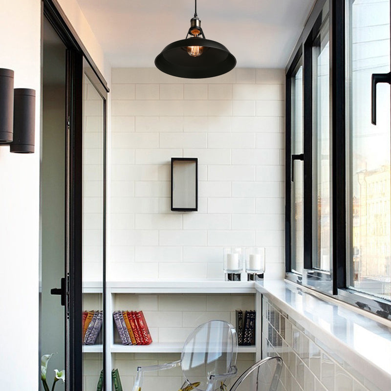 Loft Style Barn Shade Pendant Ceiling Light 10.5"/12"/15" W 1 Bulb Metallic Hanging Lamp in Black/White for Dining Table Black Clearhalo 'Art Deco Pendants' 'Black' 'Cast Iron' 'Ceiling Lights' 'Ceramic' 'Crystal' 'Industrial Pendants' 'Industrial' 'Metal' 'Middle Century Pendants' 'Pendant Lights' 'Pendants' 'Rustic Pendants' 'Tiffany' Lighting' 16950