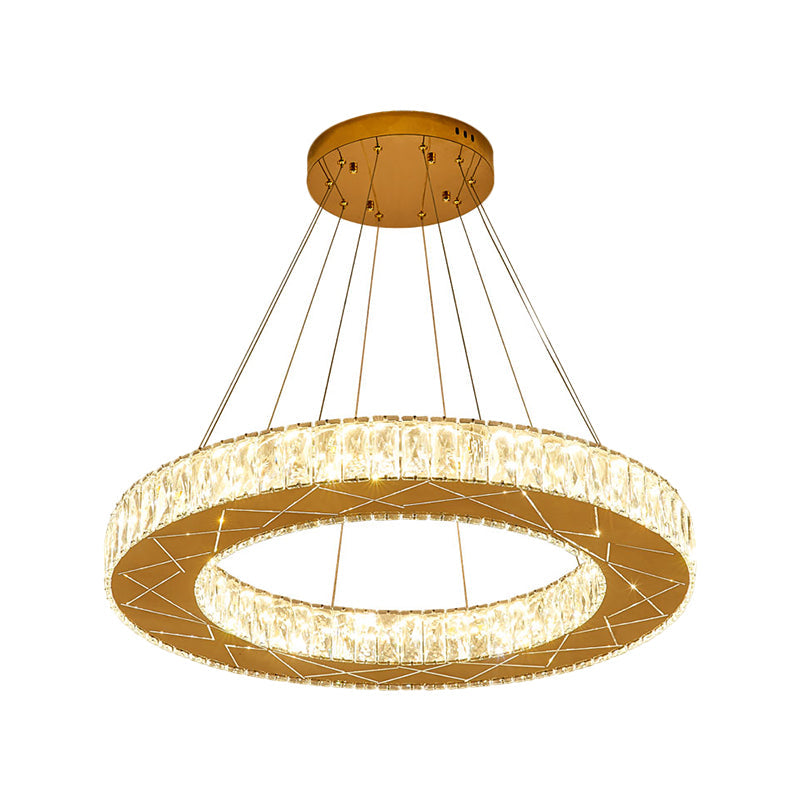 Circular Hanging Light Fixture Modernist Clear Crystal Block Stainless-Steel LED Chandelier Lamp for Bedroom Clearhalo 'Ceiling Lights' 'Chandeliers' 'Modern Chandeliers' 'Modern' Lighting' 1695043