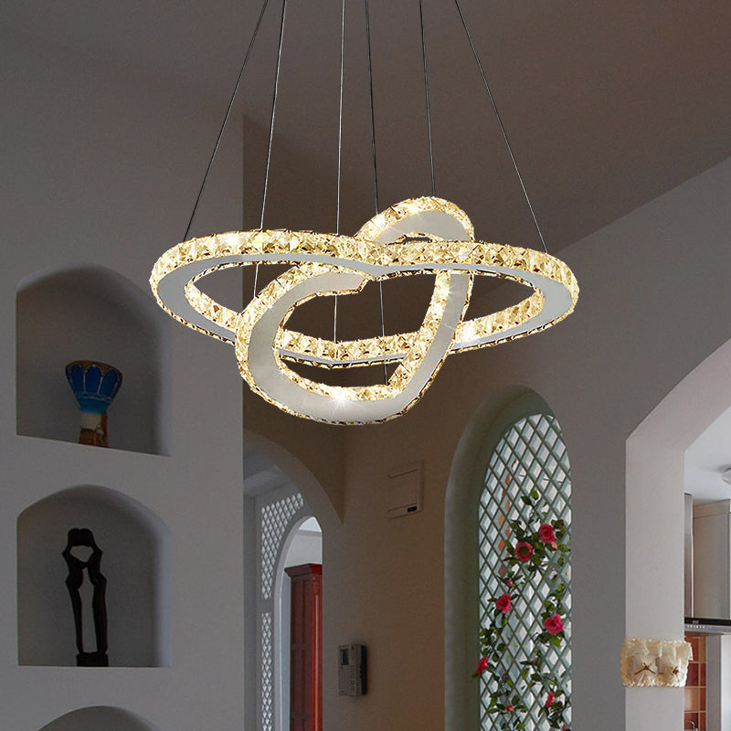 Dual Loving Heart Cut Crystal Chandelier Simple LED Chrome Suspended Lighting Fixture in Warm/White Light Chrome Clearhalo 'Ceiling Lights' 'Chandeliers' 'Modern Chandeliers' 'Modern' Lighting' 1695057