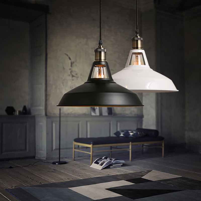 Loft Style Barn Shade Pendant Ceiling Light 10.5"/12"/15" W 1 Bulb Metallic Hanging Lamp in Black/White for Dining Table Clearhalo 'Art Deco Pendants' 'Black' 'Cast Iron' 'Ceiling Lights' 'Ceramic' 'Crystal' 'Industrial Pendants' 'Industrial' 'Metal' 'Middle Century Pendants' 'Pendant Lights' 'Pendants' 'Rustic Pendants' 'Tiffany' Lighting' 16953