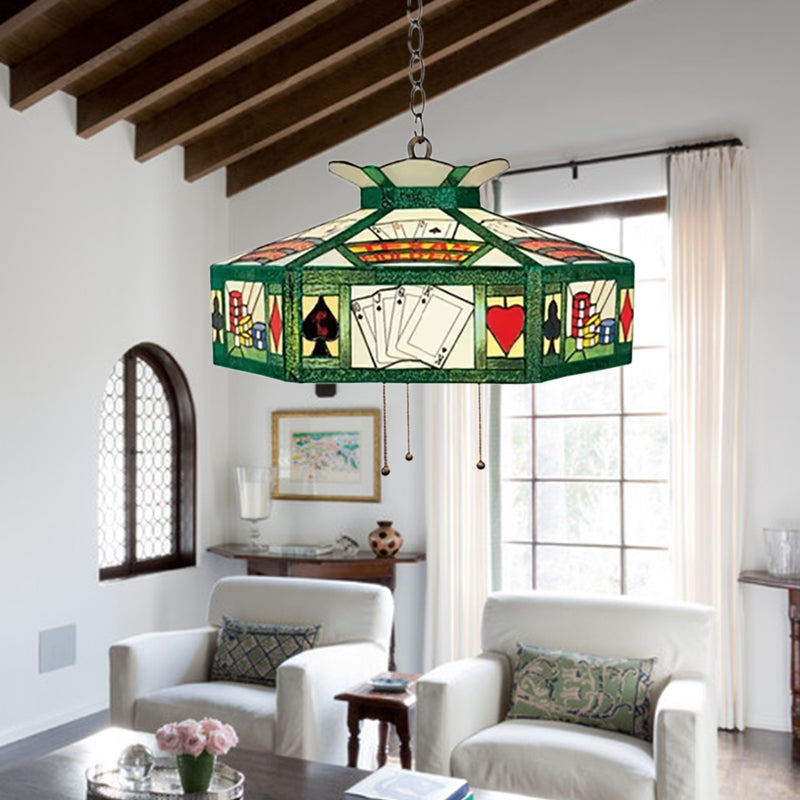 Poker Hanging Lamp Tiffany-Style 3 Bulbs White-Yellow/Green-White Handcrafted Art Glass Pendant Light Fixture, 18"/19.5" Wide Clearhalo 'Ceiling Lights' 'Chandeliers' 'Industrial' 'Middle Century Chandeliers' 'Pendant Lights' 'Tiffany Chandeliers' 'Tiffany close to ceiling' 'Tiffany' Lighting' 169611