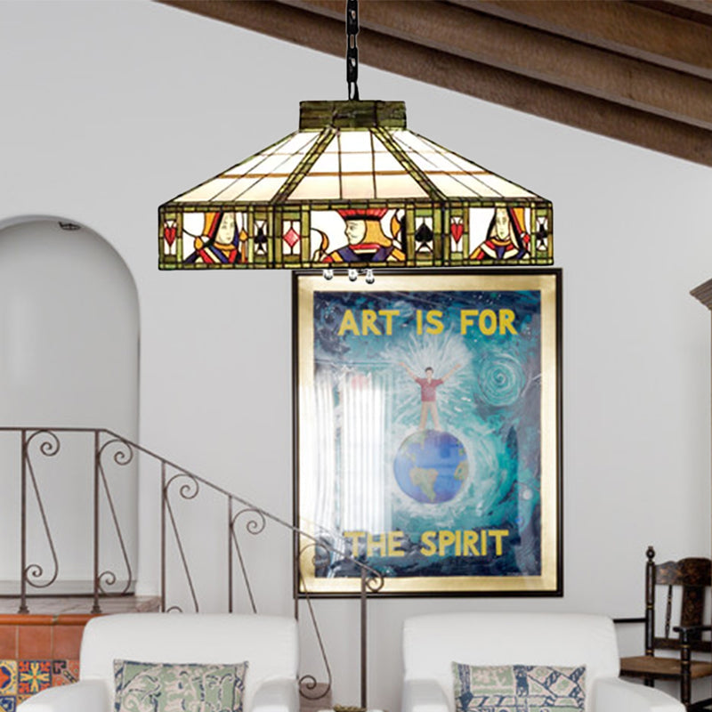 Poker Hanging Lamp Tiffany-Style 3 Bulbs White-Yellow/Green-White Handcrafted Art Glass Pendant Light Fixture, 18"/19.5" Wide White-Yellow 18" Clearhalo 'Ceiling Lights' 'Chandeliers' 'Industrial' 'Middle Century Chandeliers' 'Pendant Lights' 'Tiffany Chandeliers' 'Tiffany close to ceiling' 'Tiffany' Lighting' 169614