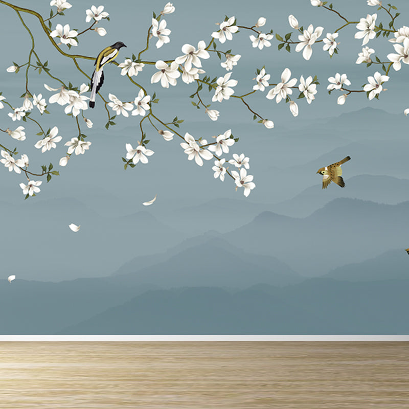 Bird and Flower Branch Mural for Home Misty Mountain Landscape Wall Art in Blue for Decor Blue Clearhalo 'Wall Decor' 'Wall Mural' 1696561