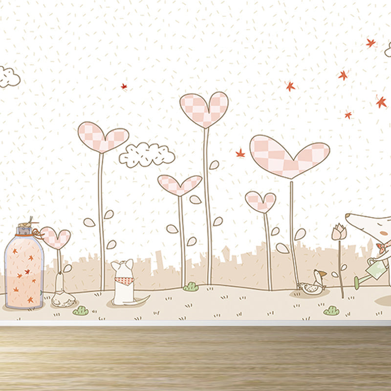 Pink Cartoon Wall Covering Mural Whole Heart-Shaped Plant Wall Art for Kids Bedroom Light Pink Clearhalo 'Wall Decor' 'Wall Mural' 1696818