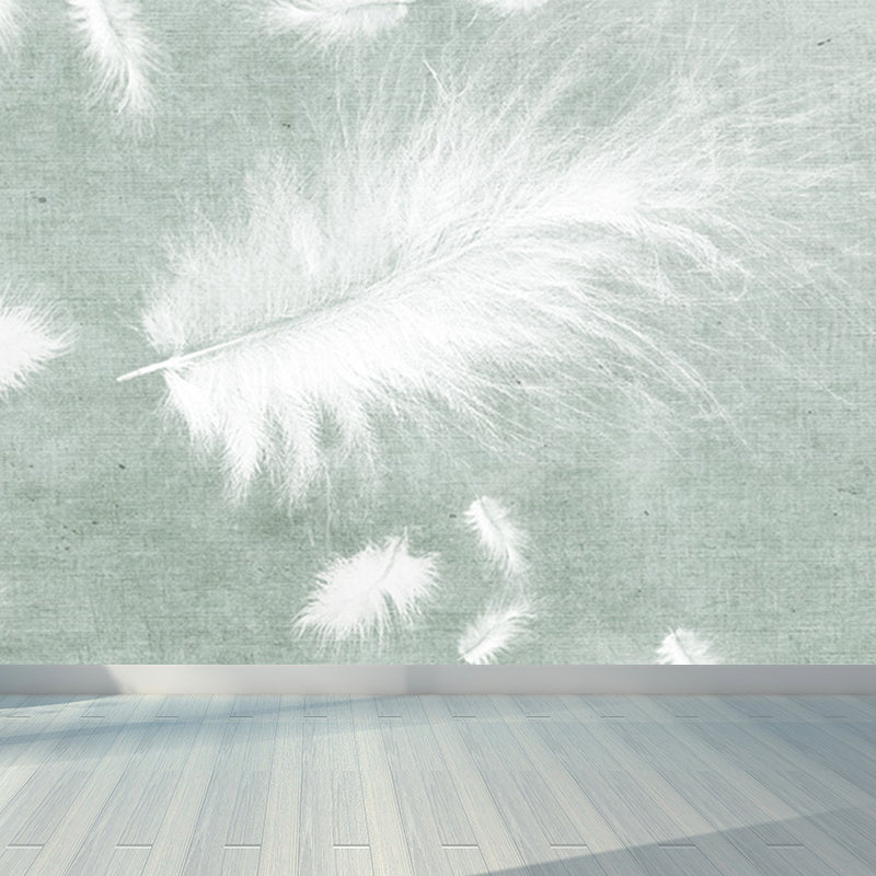 Huge Bird Feather Mural for Bedroom Animals Wall Art in Light Color, Stain Resistant Light Green Clearhalo 'Wall Decor' 'Wall Mural' 1697162