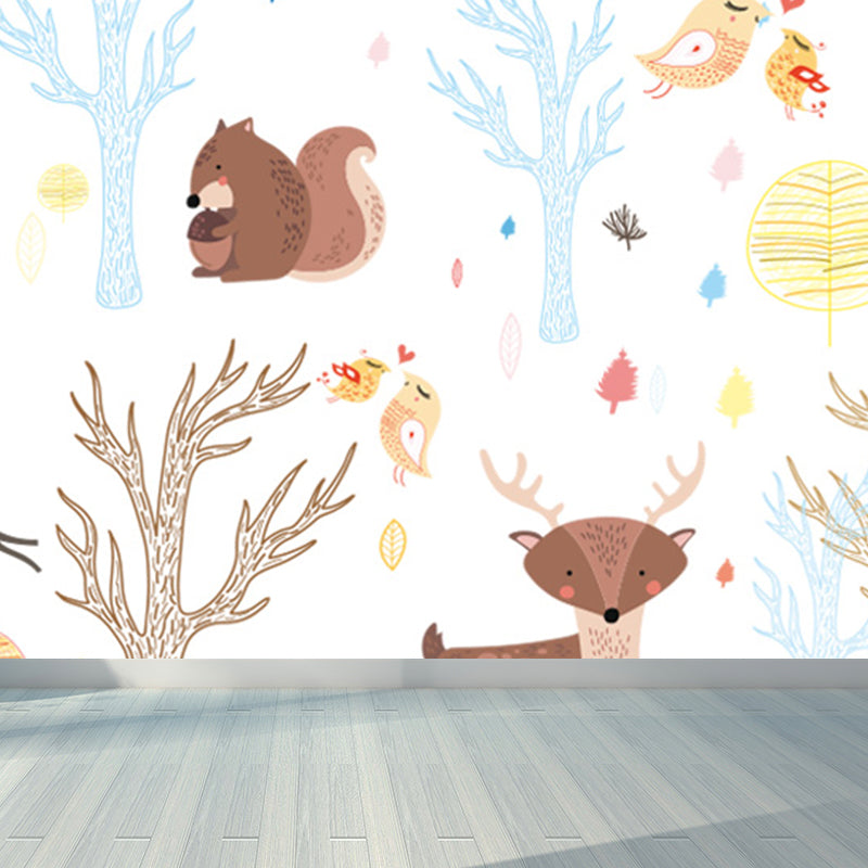 Kawaii Animal Wall Paper Mural for Children Bedroom Hand Printed Wall Art, Custom Size White Clearhalo 'Wall Decor' 'Wall Mural' 1697242