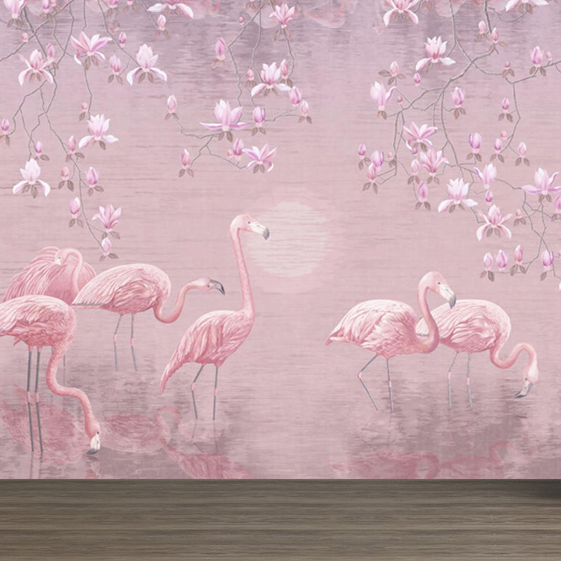 Lotus Pond Flamingo Wall Mural Tropical Non-Woven Material Wall Decor for Bedroom Pink Clearhalo 'Wall Decor' 'Wall Mural' 1697322