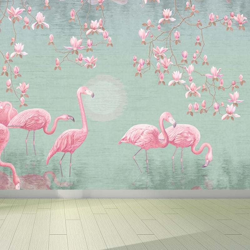 Lotus Pond Flamingo Wall Mural Tropical Non-Woven Material Wall Decor for Bedroom Clearhalo 'Wall Decor' 'Wall Mural' 1697329