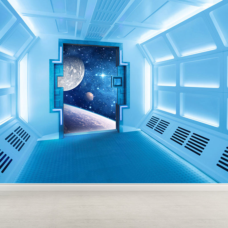 Space Capsule View Mural Wallpaper Sci-Fi Moisture Resistant Wall Art for Kids Room Blue Clearhalo 'Wall Decor' 'Wall Mural' 1697459