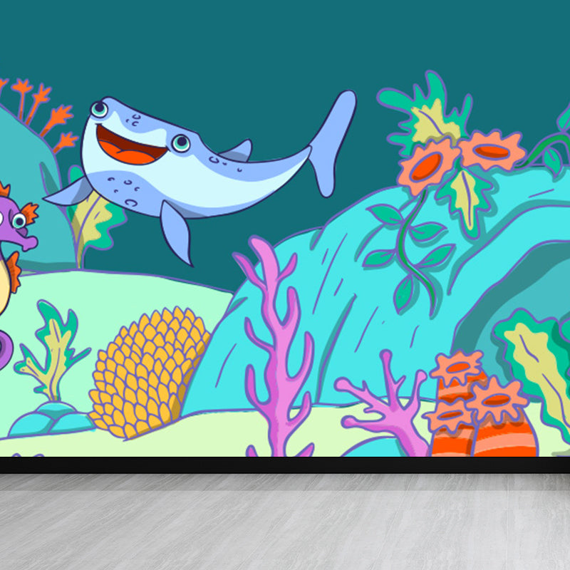 Fantasy Sea Animal Mural Wallpaper Kids Style Non-Woven Fabric Wall Covering for Room Dark Blue Clearhalo 'Wall Decor' 'Wall Mural' 1697598