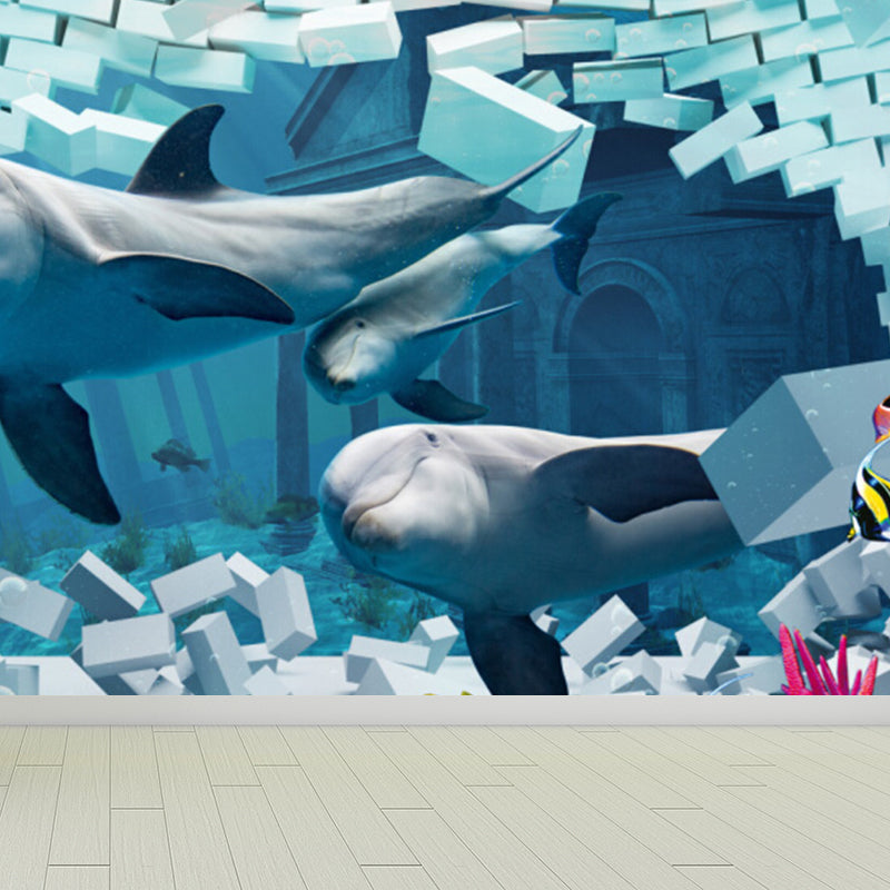 Diverting Underwater Dolphin Wall Mural Children's Art Non-Woven Material Wall Covering Clearhalo 'Wall Decor' 'Wall Mural' 1698271