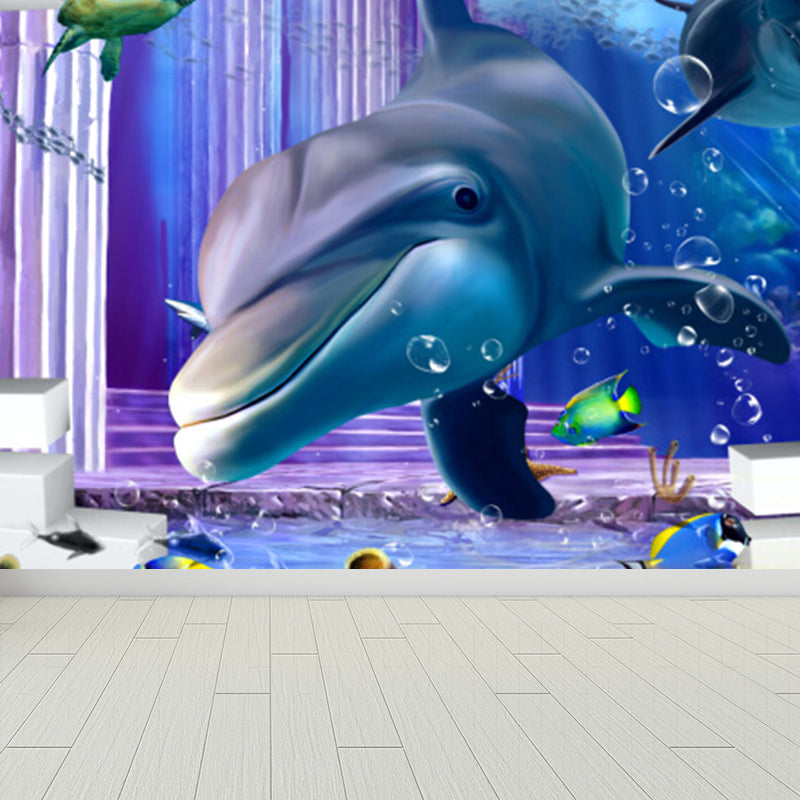 Diverting Underwater Dolphin Wall Mural Children's Art Non-Woven Material Wall Covering Clearhalo 'Wall Decor' 'Wall Mural' 1698276