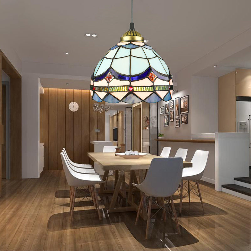 Hanging Lights for Dining Table, Floral Shade Pendant Ceiling Lamp in Blue with Art Glass Shade Tiffany Style Blue 8" Clearhalo 'Ceiling Lights' 'Close To Ceiling Lights' 'Glass shade' 'Glass' 'Industrial' 'Middle Century Pendants' 'Pendant Lights' 'Pendants' 'Tiffany close to ceiling' 'Tiffany Pendants' 'Tiffany' Lighting' 169837