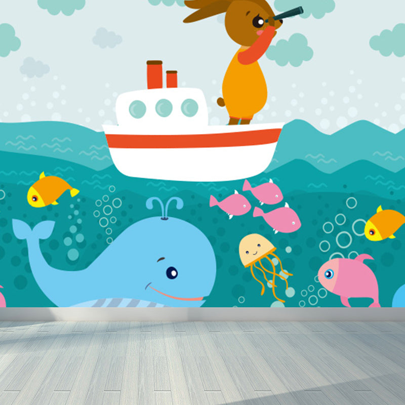 Blue Ocean Animals Wall Mural Nautical Cartoon Waterproofing Wall Art for Baby Room Light Blue Clearhalo 'Wall Decor' 'Wall Mural' 1698479