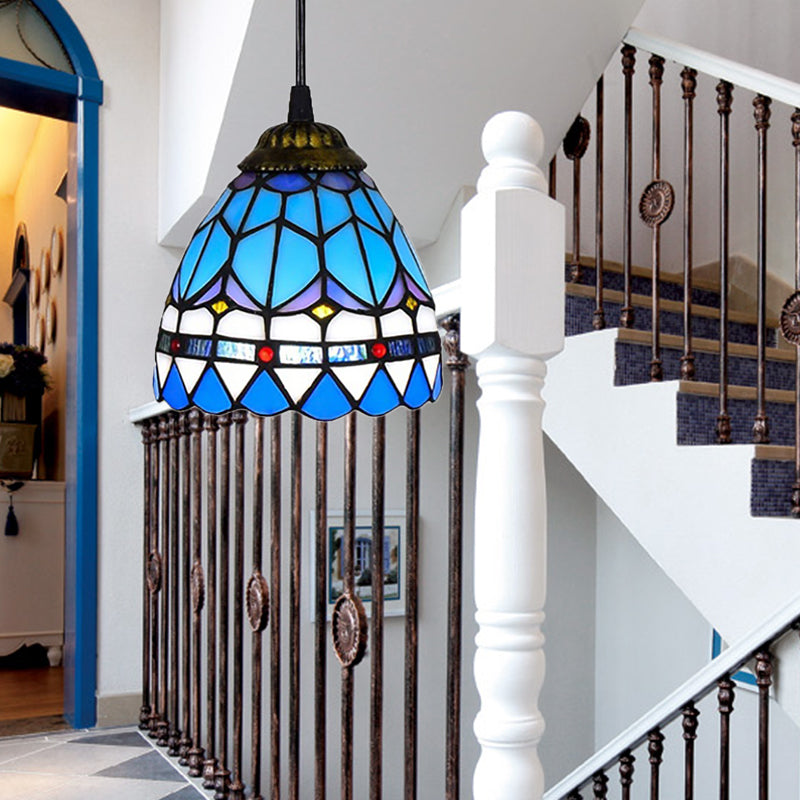 Hanging Lights for Dining Table, Floral Shade Pendant Ceiling Lamp in Blue with Art Glass Shade Tiffany Style Blue 6" Clearhalo 'Ceiling Lights' 'Close To Ceiling Lights' 'Glass shade' 'Glass' 'Industrial' 'Middle Century Pendants' 'Pendant Lights' 'Pendants' 'Tiffany close to ceiling' 'Tiffany Pendants' 'Tiffany' Lighting' 169850