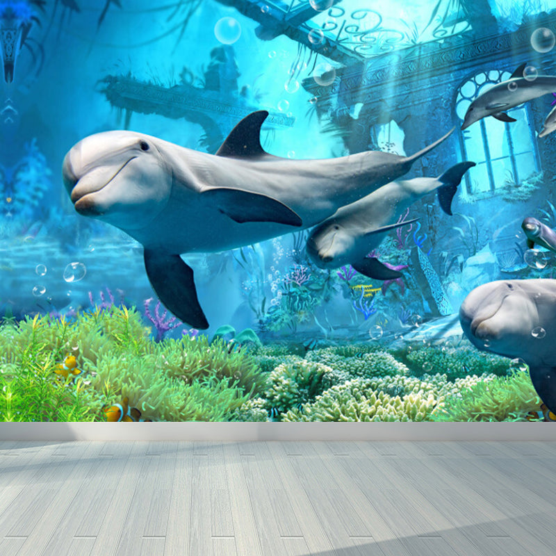 Kids Undersea World Mural Wallpaper Blue Aquarium Wall Covering for Child Bedroom Clearhalo 'Wall Decor' 'Wall Mural' 1698611