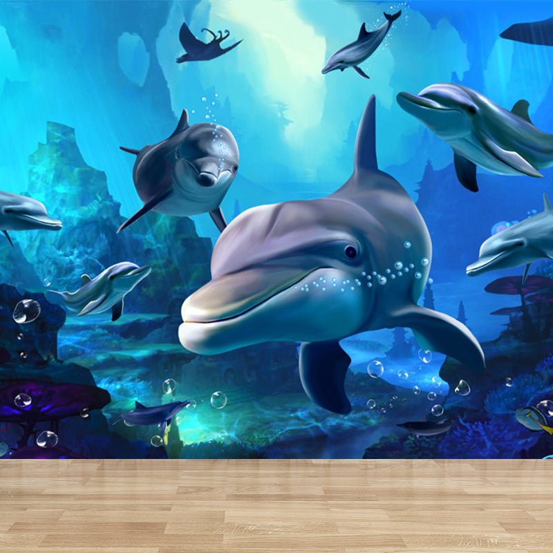 Blue Underwater Dolphins Wallpaper Mural Stain Resistant Wall Art for Kids Bedroom Clearhalo 'Wall Decor' 'Wall Mural' 1698636