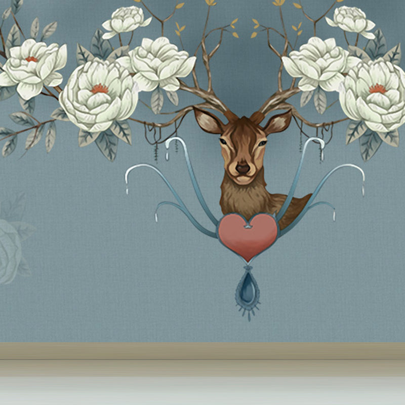 Illustration Style Reindeer Wall Mural Giant Wall Covering for Dining Room, Custom Dark Blue Clearhalo 'Wall Decor' 'Wall Mural' 1698892
