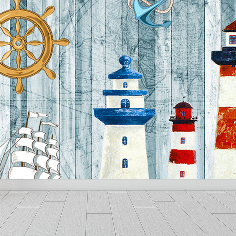 Nautical Lighthouse Mural Wallpaper Cartoon Non-Woven Cloth Wall Decor for Living Room Clearhalo 'Wall Decor' 'Wall Mural' 1699005