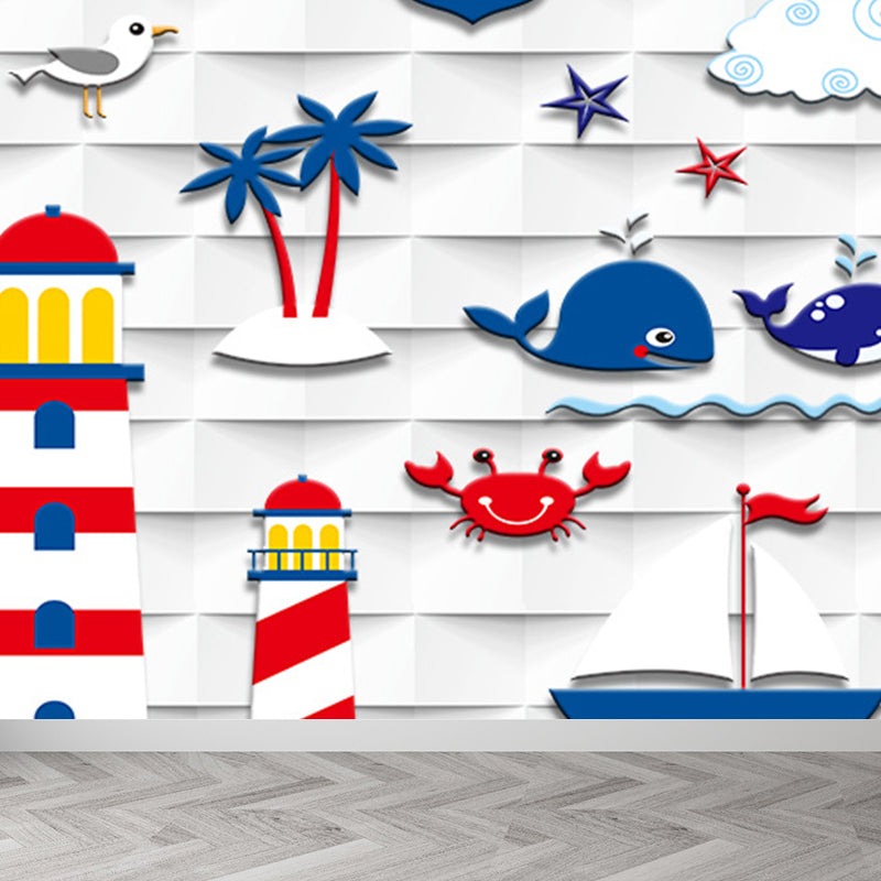 Nautical Lighthouse Mural Wallpaper Cartoon Non-Woven Cloth Wall Decor for Living Room Blue Design 3 Clearhalo 'Wall Decor' 'Wall Mural' 1699014