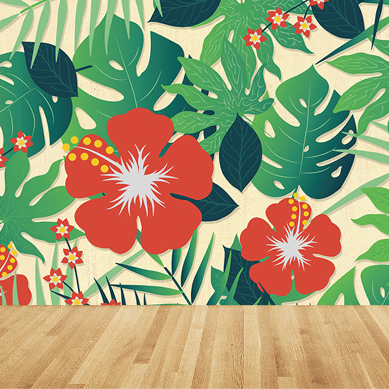 Tropical Wild Botanical Wall Mural for Boys Bedroom Customised Wall Art in Soft Color Red Clearhalo 'Wall Decor' 'Wall Mural' 1699376